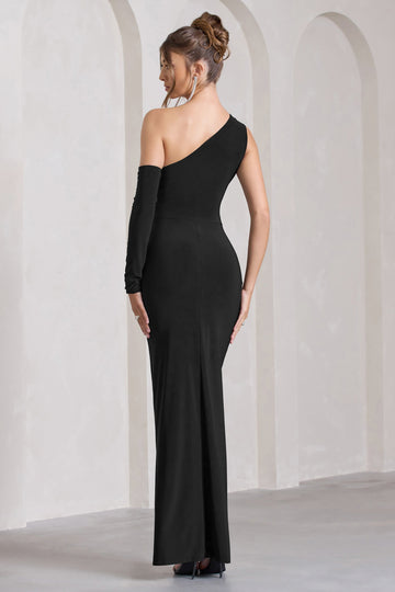 Carlina Black Ruched One Shoulder Cut-Out Split Maxi Dress